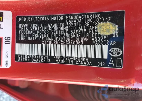 2017 Toyota Corolla L from USA, damaged, VIN 2T1BURHEXHC840063